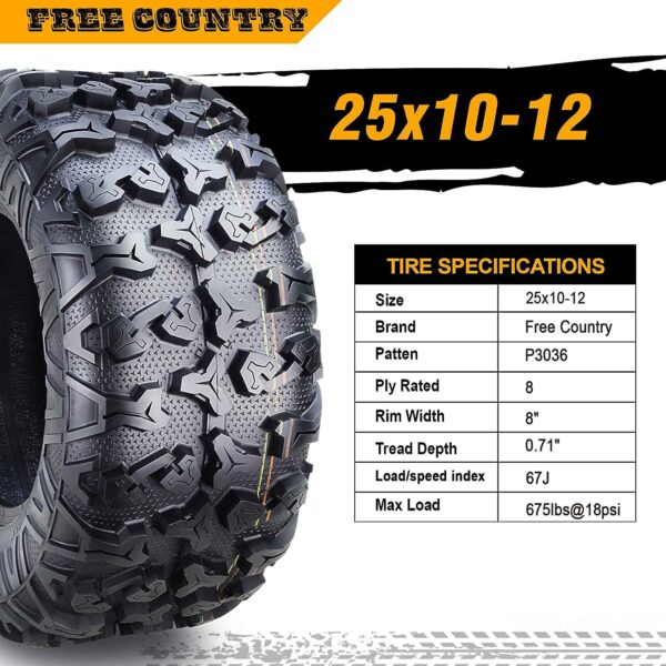 FREE COUNTRY Set 4 Premium ATV Tires 25x10-12 & 25x11-12 8PR w/Side Scuff Guard - Image 7