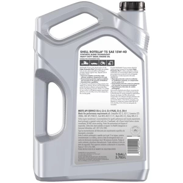 Shell Rotella T5 Synthetic Blend 15W-40 Diesel Engine Oil (1 Gallon, Single Pack) - Image 3